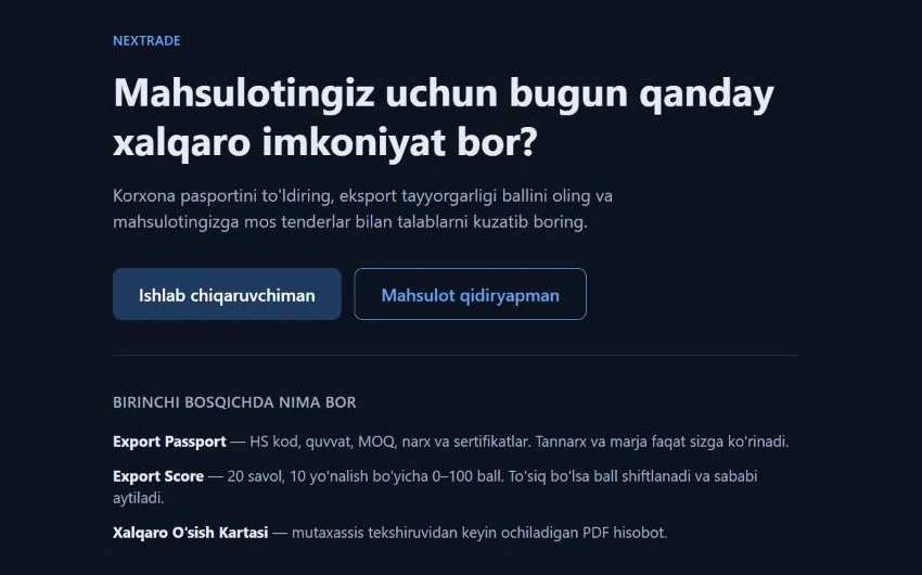 Nextrade — loyihaning lokal interfeysi